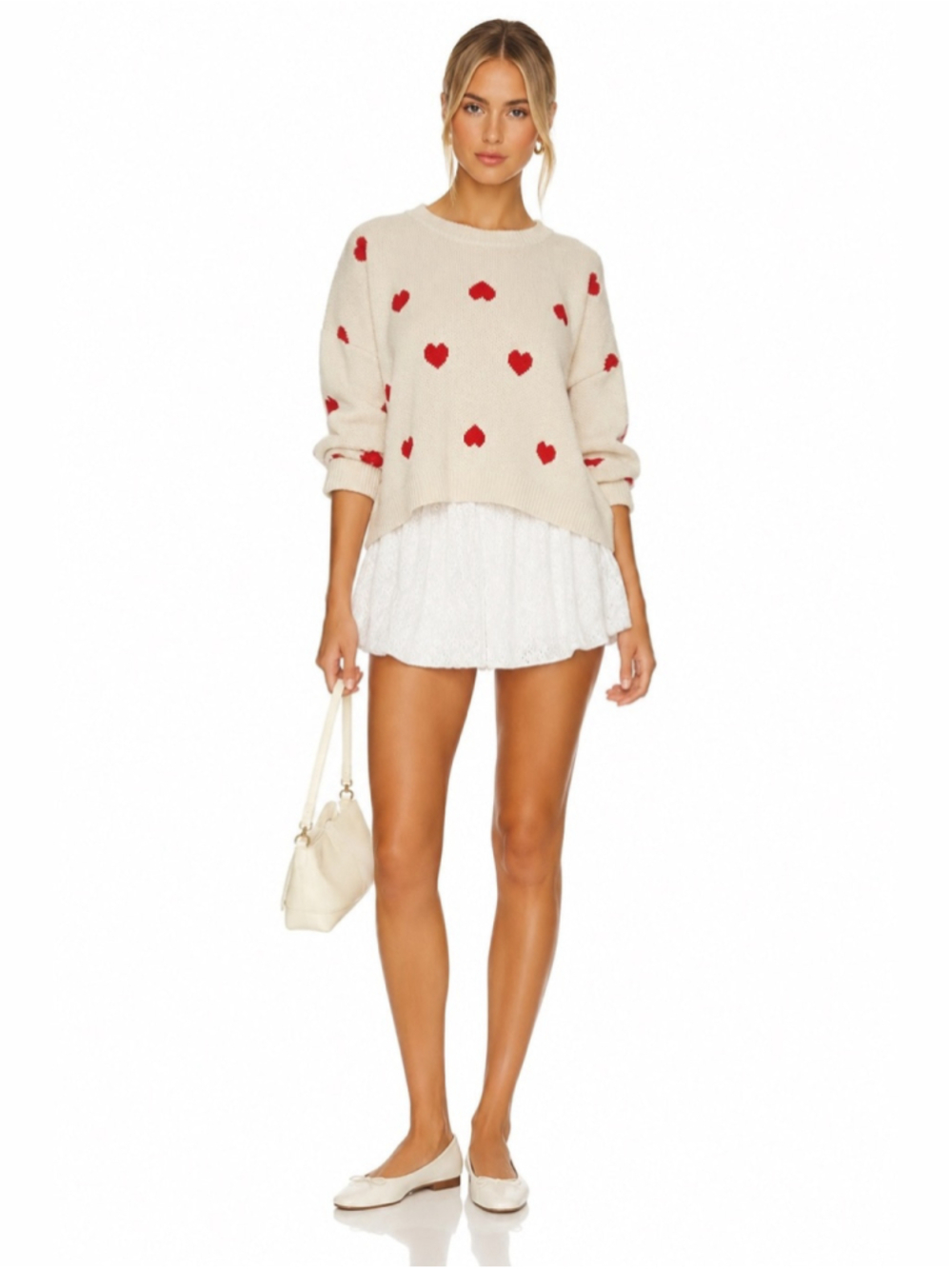 Katie.MC Cream Red Heart Knit Sweater Oversized Textured Crewneck Cropped Pullov